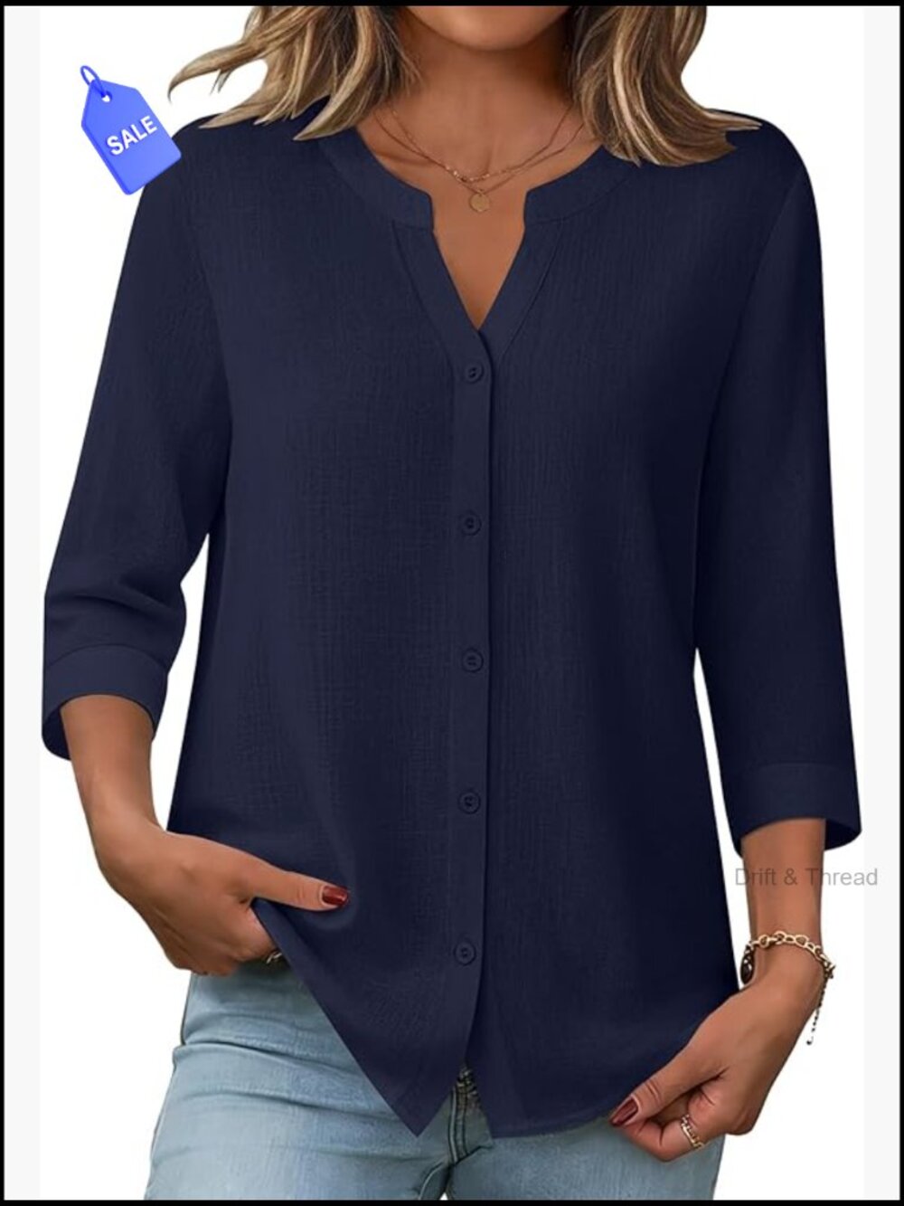 3/4 Sleeve Button Down Shirt V Neck Linen Cotton Blend Blouse Loose Fit Work Top